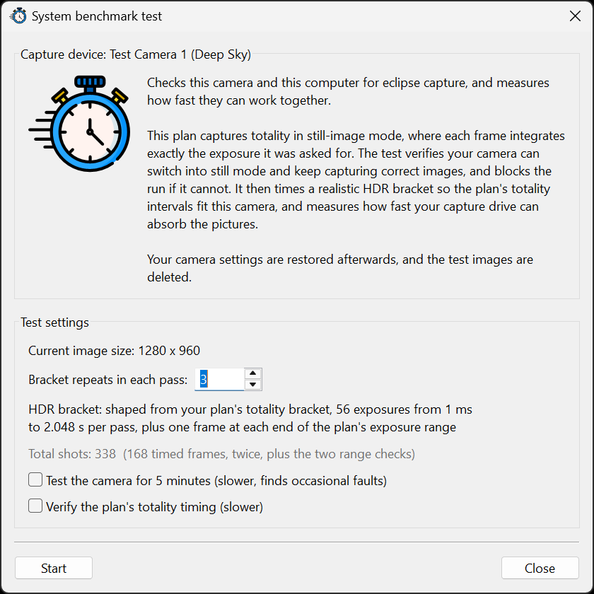 System benchmark test introduction and settings, including bracket
  repeats, the extended camera test and totality timing verification.