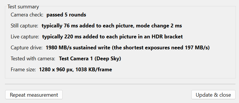 System benchmark summary with camera check, still and live capture
  overhead, capture drive speed, camera name and frame size.