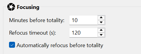 Focusing group in Plan preferences with automatic refocus enabled,
  minutes before totality and refocus timeout settings.