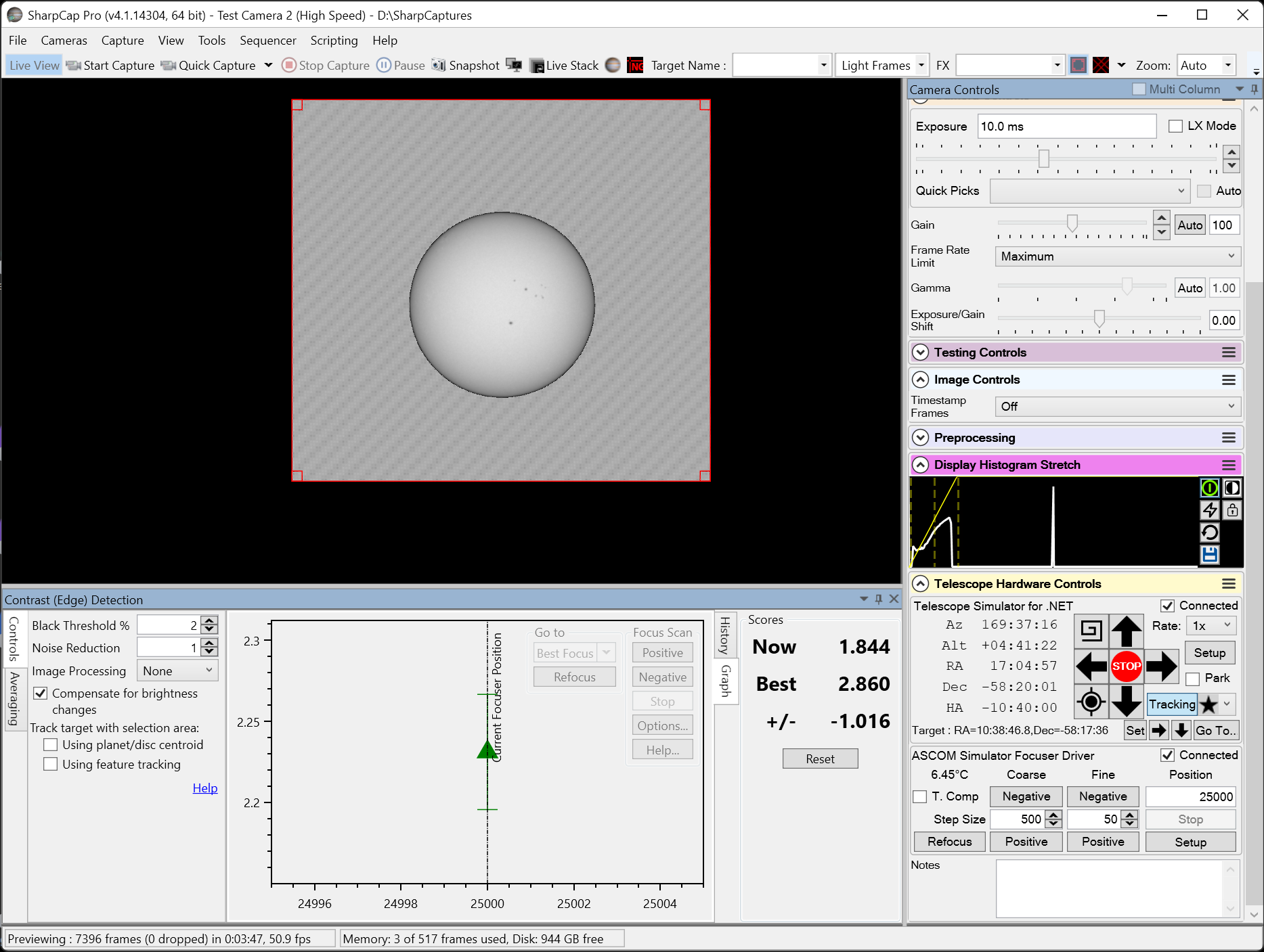 SharpCap Focus Assistant using Contrast Edge Detection on a
  full solar disk with a motorized focuser connected.