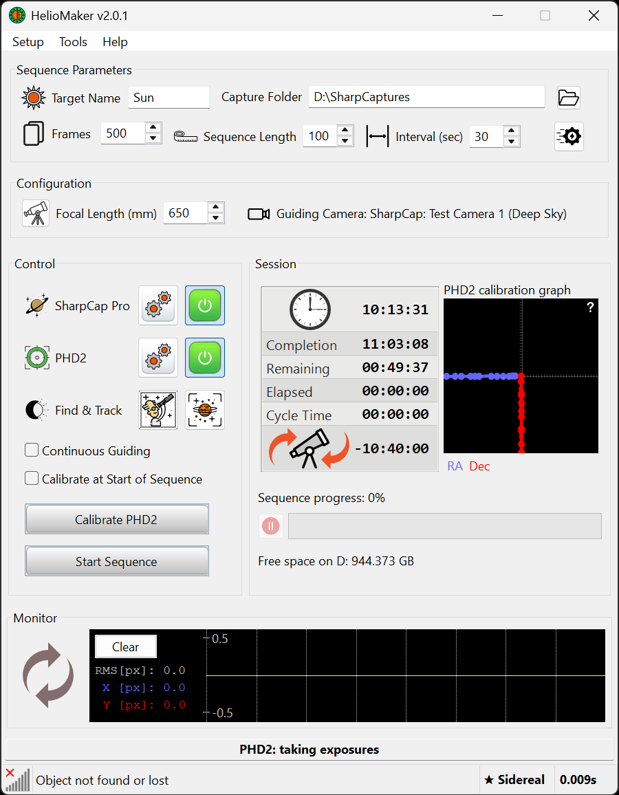 HelioMaker main window with SharpCap, PHD2 and Find and Track controls,
  the Sun selected as the target and the Capture Folder visible.