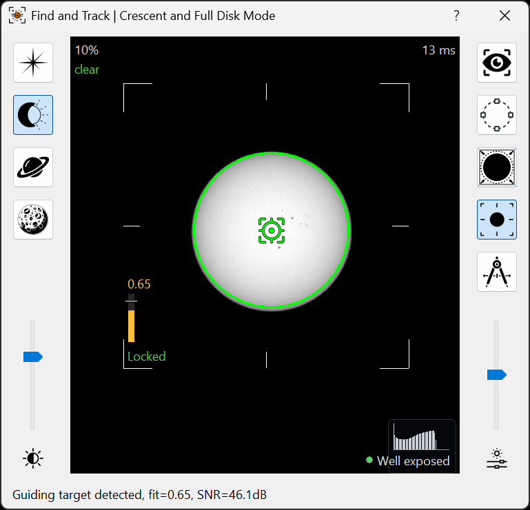 HelioMaker Find and Track in Crescent and Full Disk Mode with the
  complete filtered solar disk detected, well exposed and locked near the centre of the frame.