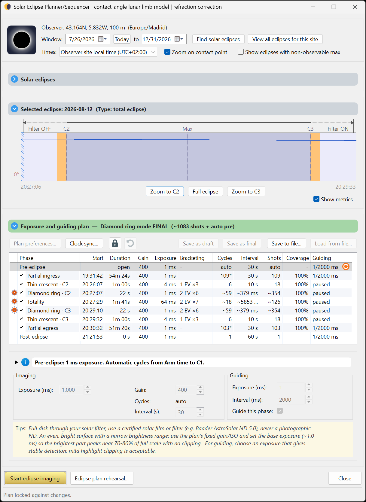 HelioMaker Solar Eclipse Planner showing the August 12, 2026 eclipse timeline, generated phase plan and Totality phase settings
