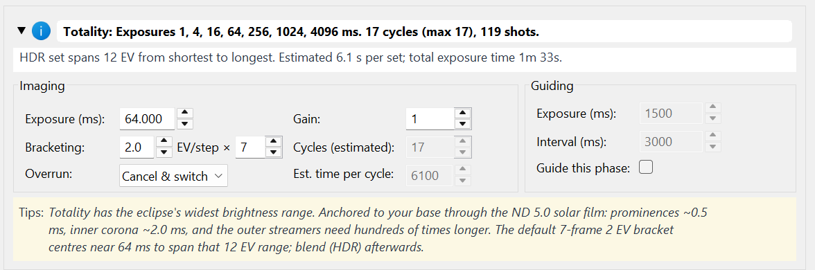 Expanded Totality Phase summary showing the complete HDR
  exposure ladder, EV span, estimated time per set, editable imaging controls and phase specific Tips.