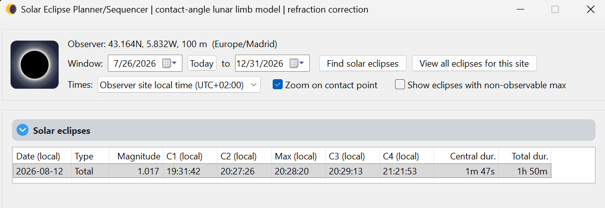 Solar eclipse search result with local C1, C2, maximum, C3 and C4 times,
  magnitude and duration.