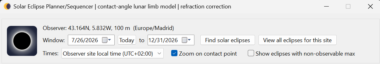 Solar Eclipse Planner search controls showing the observer, date window,
  time display, contact point zoom and visibility options.