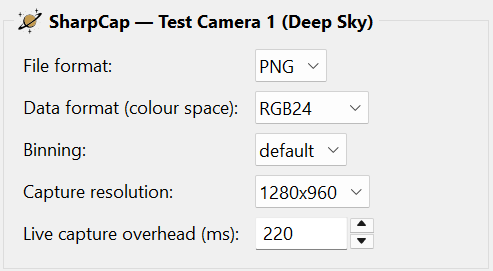 SharpCap camera settings for file format, data format,
  binning and capture resolution.
