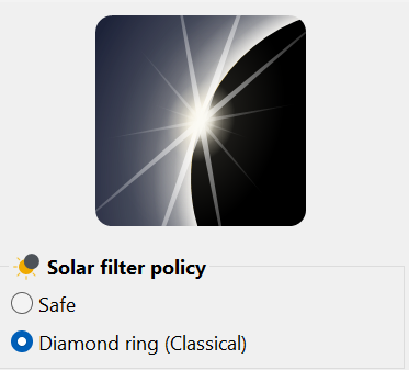 Solar filter policy choices and the warning displayed for
  Diamond ring Classical mode.