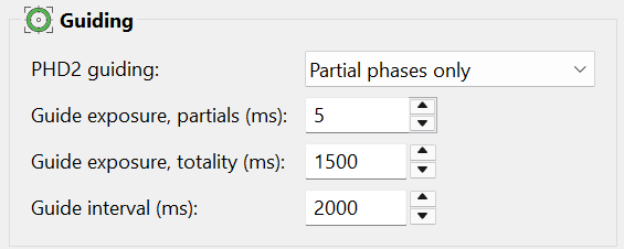 Guiding group for a separate physical guiding camera,
  including guide exposures for partial phases and totality and the plan-wide guide interval.