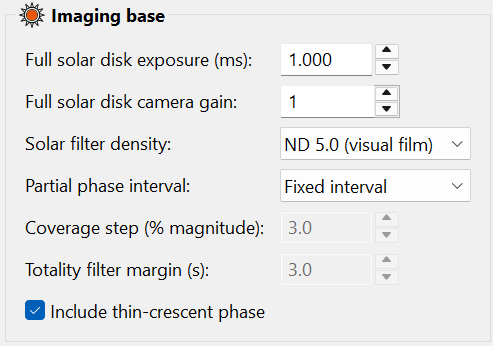 Imaging base settings for full solar disk exposure, camera
  gain, solar filter density, partial phase interval and totality filter margin.