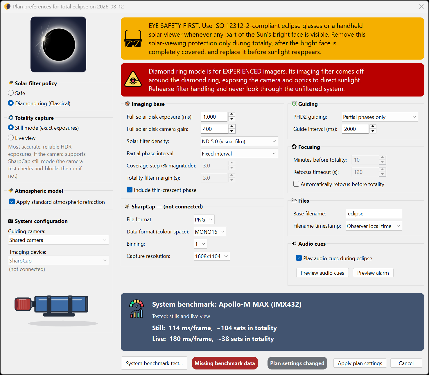 Plan preferences dialog for a total eclipse, showing solar filter
  policy, capture mode, system configuration, imaging base, camera settings, guiding, focusing, files and audio
  cues.