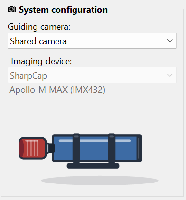 System configuration group with Shared camera selected as the
  guiding camera and SharpCap selected as the imaging device.
