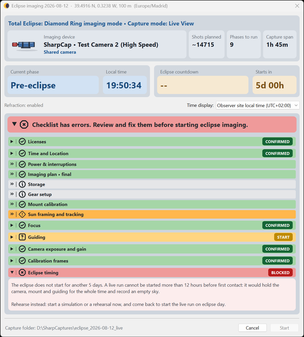 Simulation preflight checklist with an unresolved focus warning
  and an Ignore warnings and start simulation button.