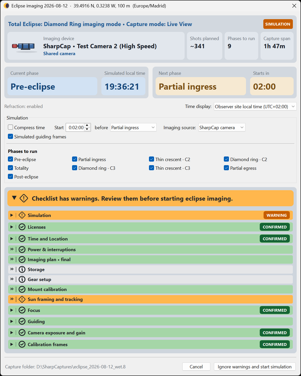 All clear simulation preflight checklist with the expected Simulation
  warning and an enabled Start simulation button.