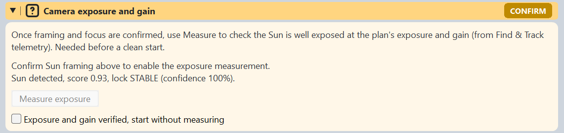 Expanded Camera exposure and gain gate with Sun detection status,
  Measure exposure button and an option to confirm without measuring.