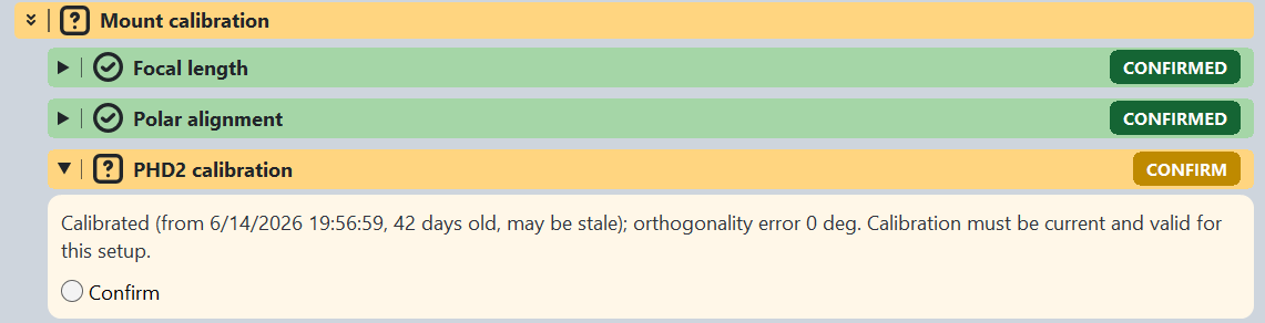 Expanded Mount calibration group with confirmed focal length
  and polar alignment plus a PHD2 calibration item showing its date, age, possible stale status, zero degree
  orthogonality error and confirmation control.