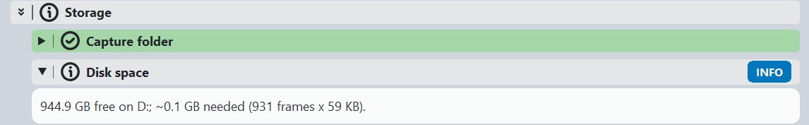 Storage group showing Capture folder and Disk space gates with free
  space and estimated space required.