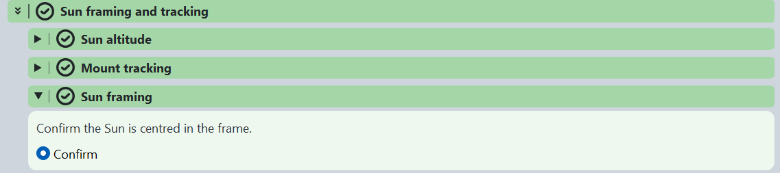 Confirmed Sun framing and tracking group showing Sun altitude,
  Mount tracking and an expanded Sun framing item asking the user to confirm that the Sun is centred.