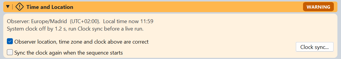 Expanded Time and Location preflight badge showing the observer,
  time zone, local time, measured system clock offset, location confirmation, an option to reopen the Time sync
  dialog when the sequence starts and the Clock sync button.