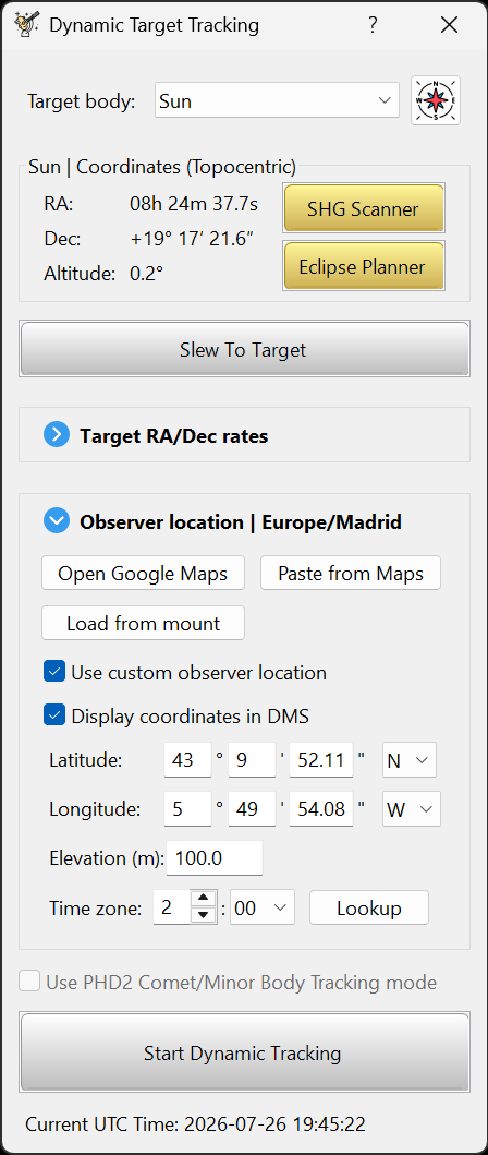 Dynamic Target Tracking tool with observer site coordinates,
    elevation and time zone selected.