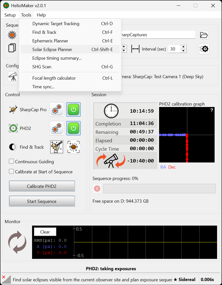HelioMaker main screen with the Tools menu open on Solar Eclipse
  Planner and the Capture Folder field visible in the Sequence area.