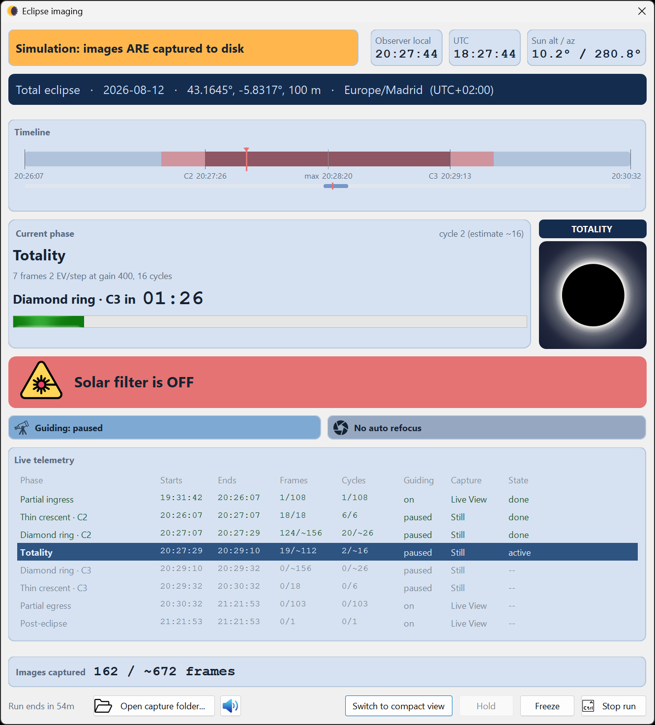 Full Eclipse imaging console during a simulation that captures
  images to disk, showing the Diamond ring C3 phase, enlarged central timeline, live geometry, filter replacement
  cue, paused guiding, phase telemetry, captured image count and controls.