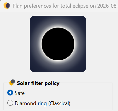 Solar filter policy in Plan preferences with Safe selected as the
  default and Diamond ring Classical available as the alternative.
