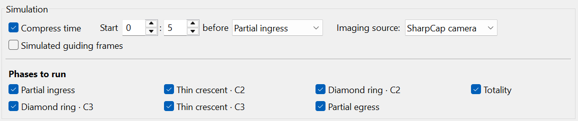 Simulation controls with time compression, start offset, start phase,
  imaging source and selected phases.