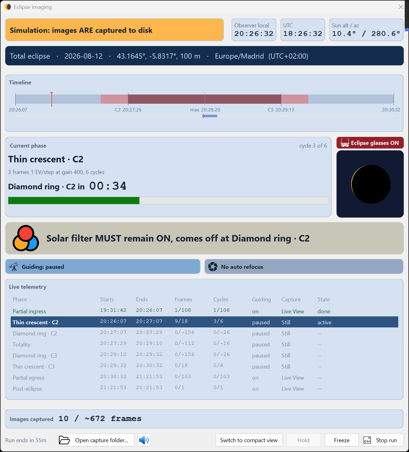 Eclipse imaging console during a simulation that captures images to
  disk, showing clocks, timeline, current phase, live geometry, filter state, guiding, refocus and telemetry.