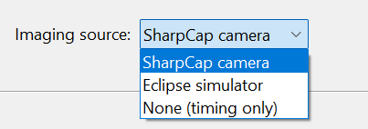 Imaging source selector offering SharpCap camera, Eclipse simulator
  and None timing only.