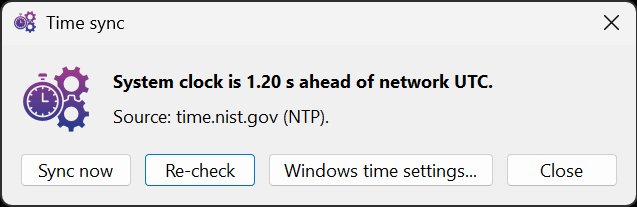 Time sync dialog showing the system clock offset from network UTC with
  Sync now, Re-check, Windows time settings and Close buttons.